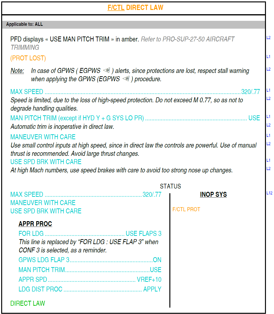 Figure B11: FCOM procedure – Flight control direct law