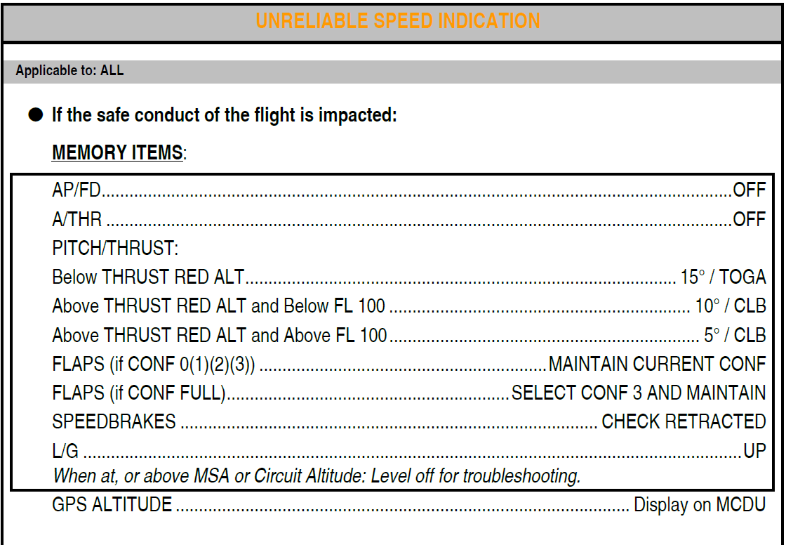 Figure&nbsp;B14: FCOM procedure – Navigation indicated airspeed discrepancy