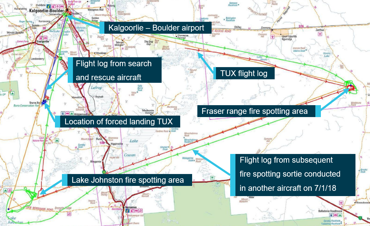 Figure 1: Location of Kalgoorlie – Boulder airport and overlay of flight paths to fire fronts. Source: Hema- Australia map, flight path overlay by Goldfields Air Services. Annotated by ATSB