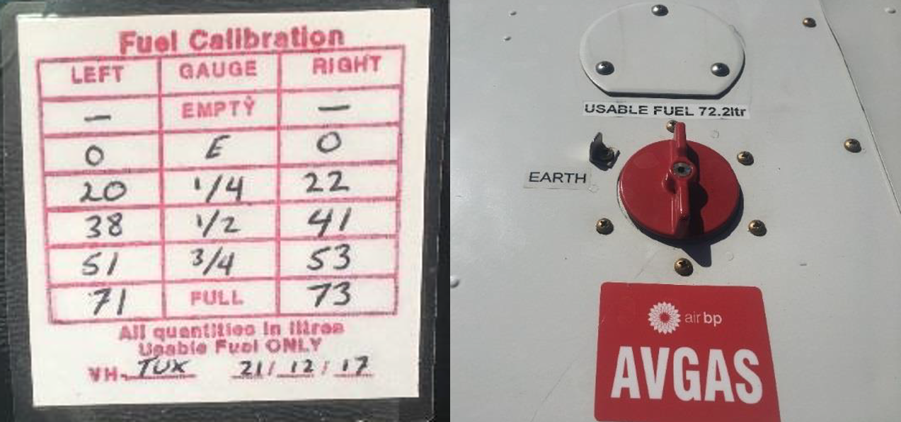 Figure 2: Fuel placard and label installed on VH-TUX. Source: Goldfields Air Services