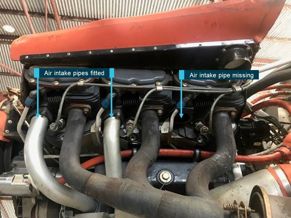 Figure 2: Image of engine with number six cylinder air intake pipe missing. Source: Operator