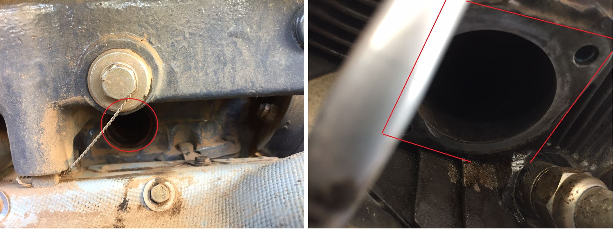 Figure 3: Lower (left image) and upper (right image) air intake pipe attachments points highlighted in red. Air intake pipe, bolts and flange are missing. Source: Operator