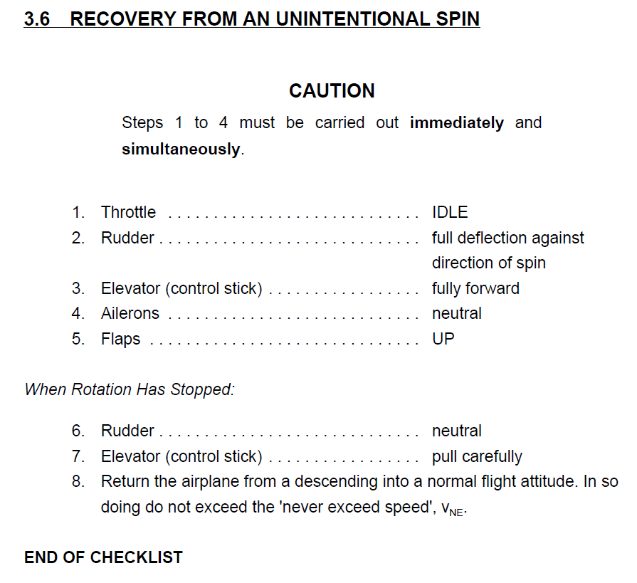 Figure 5: Unintentional spin recovery checklist. Source: Diamond Aircraft