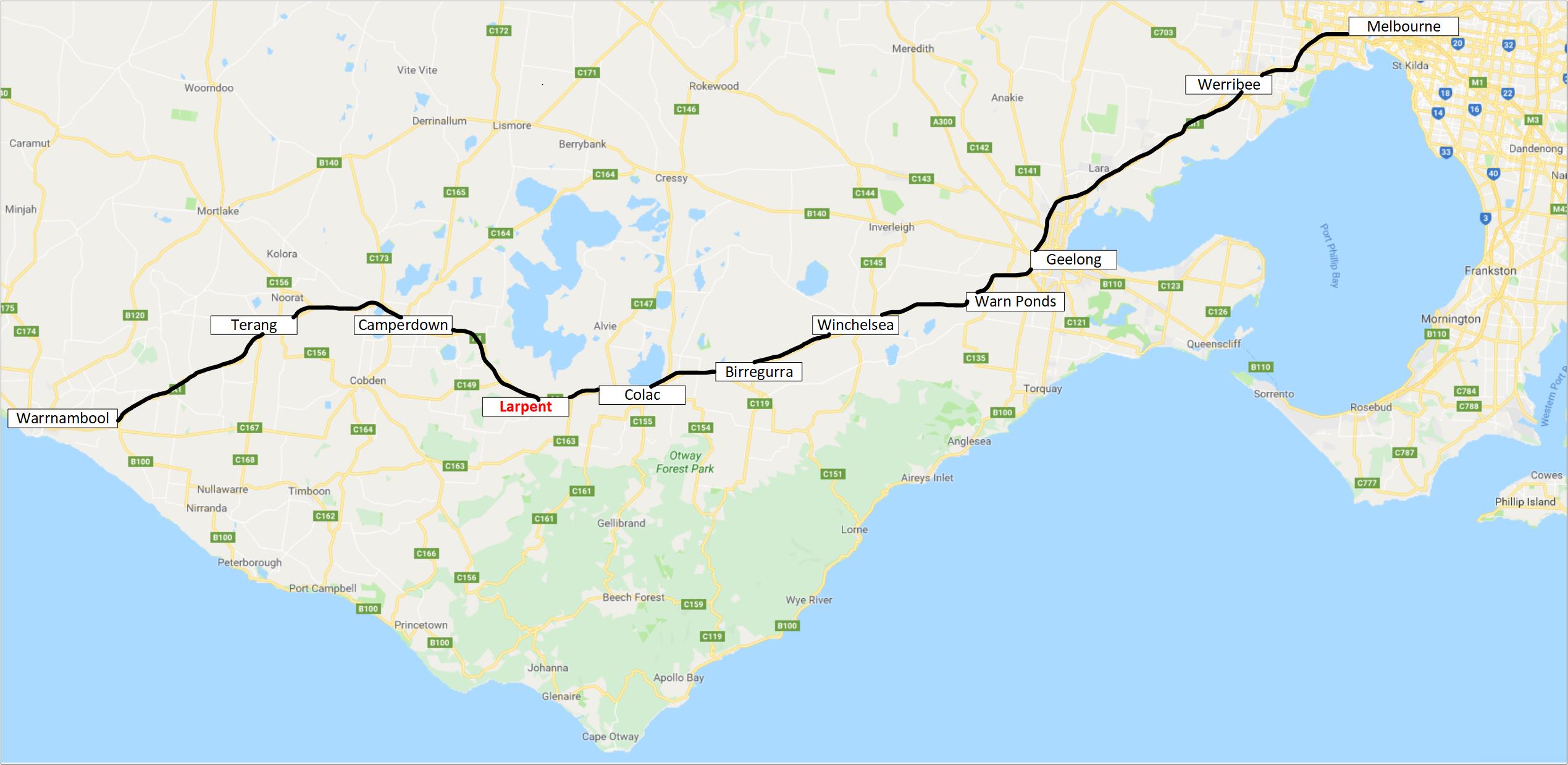 Figure 1: Melbourne to Warrnambool line, and the location of Larpent