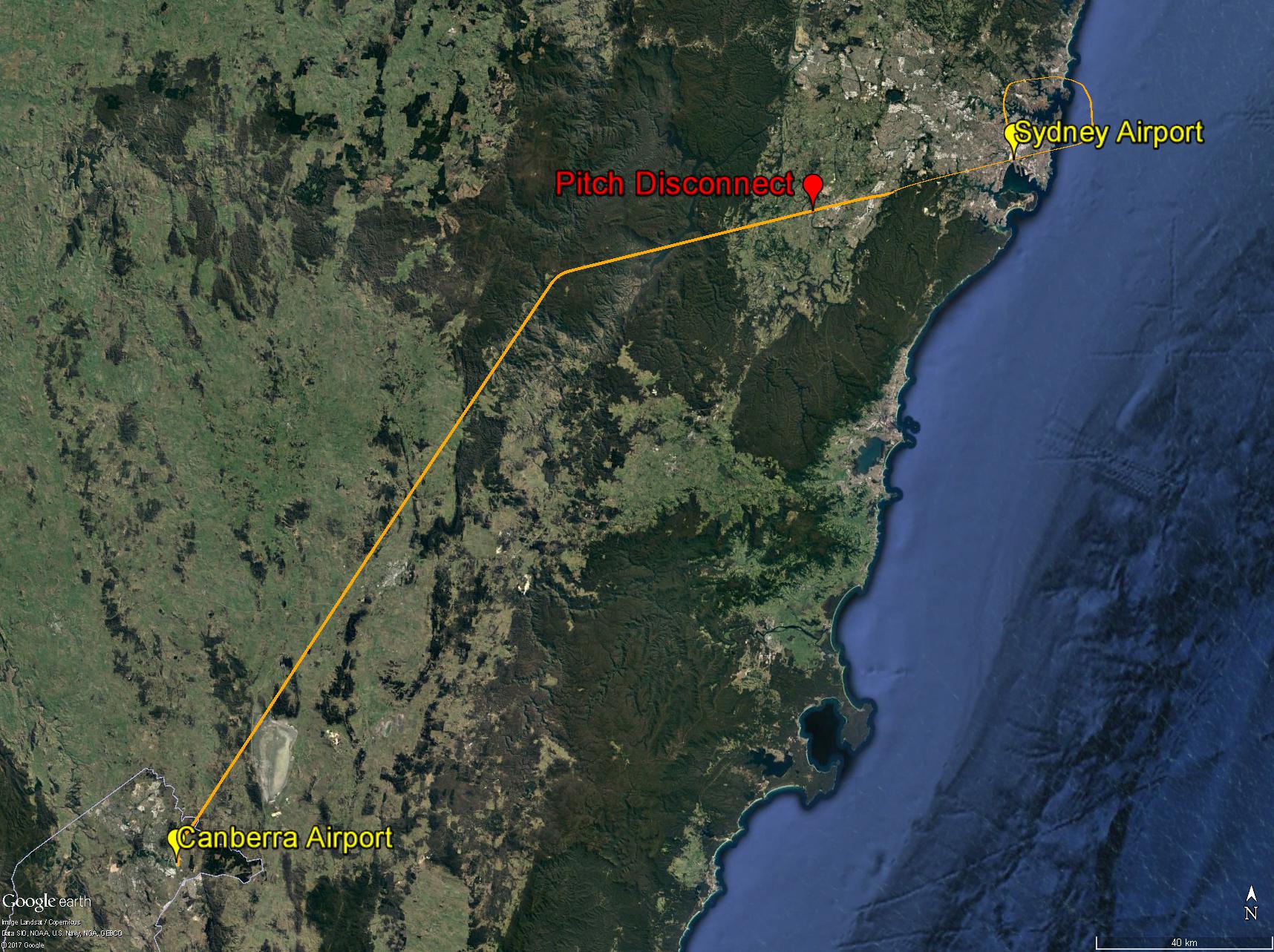 Figure 1: The flight path of VH-FVR (orange line) from Canberra Airport to Sydney Airport. The location of the aircraft when the pitch disconnect occurred is indicated by the red marker.