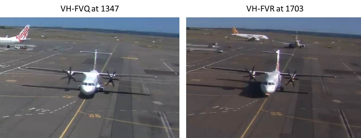 Figure 5: Images from Sydney Airport CCTV footage showing the deformation to the horizontal stabiliser of VH-FVR (right) as compared to an undamaged ATR 72, VH-FVQ (left).