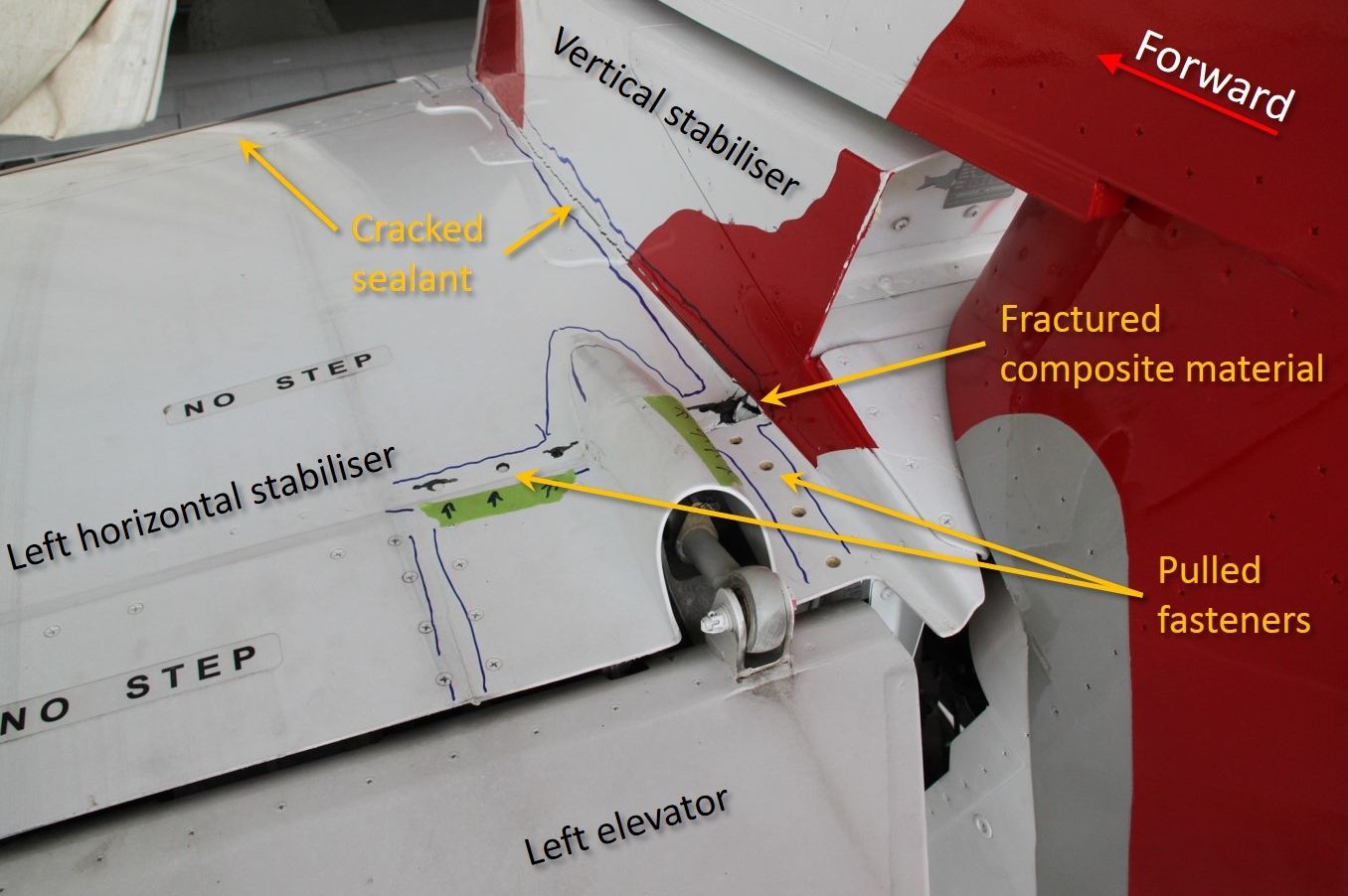 Figure 7: Damage visible on the upper left side of the horizontal stabiliser included cracked sealant, fractured and exposed composite material, and fasteners pulled through the composite material