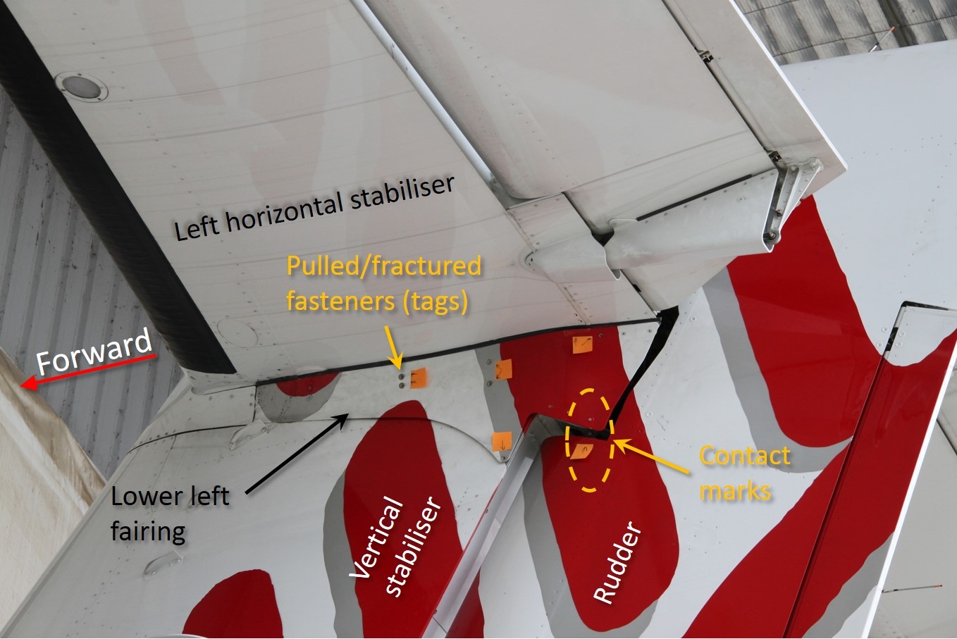Figure 8: Damage visible on the lower left side of the horizontal stabiliser included fasteners pulled through the lower left fairing, fractured fasteners for securing the fairing and contact marks between the fairing and the rudder.