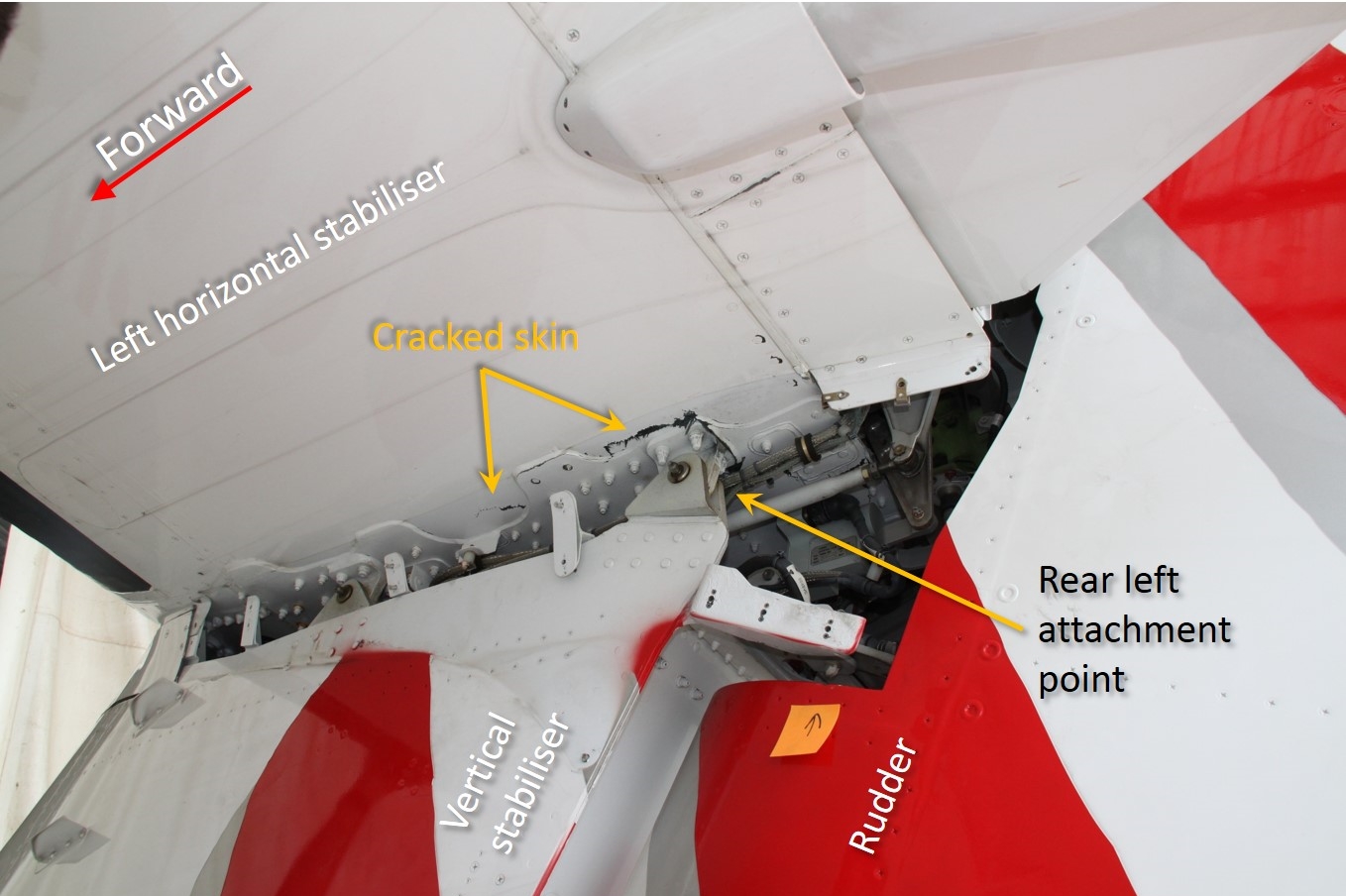Figure&nbsp;10: Horizontal-to-vertical stabiliser attachment with the lower left fairing removed showing the cracking in the skin panel adjacent to the attachment fitting.