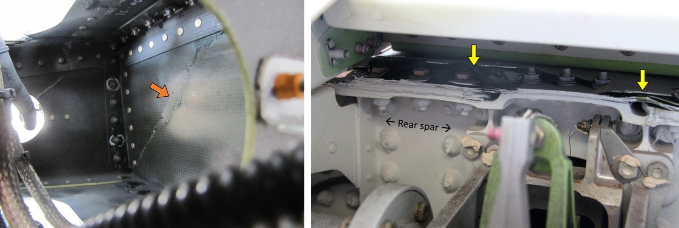 Figure&nbsp;11: Crack in the horizontal stabiliser front spar (left) identified by orange arrow. Cracking and delamination in the composite skin at the rear spar (right) identified by yellow arrows.