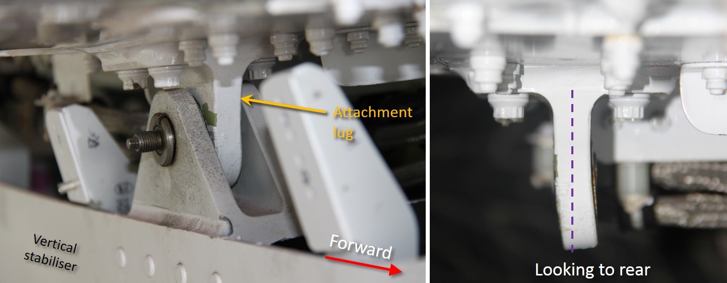 Figure&nbsp;13: Mid-right attachment lug. Left image shows the lug while connected to the vertical stabiliser. Cracks and missing white paint (green patch) were indications of distress. Right image shows the lug following removal of the horizontal stabiliser.