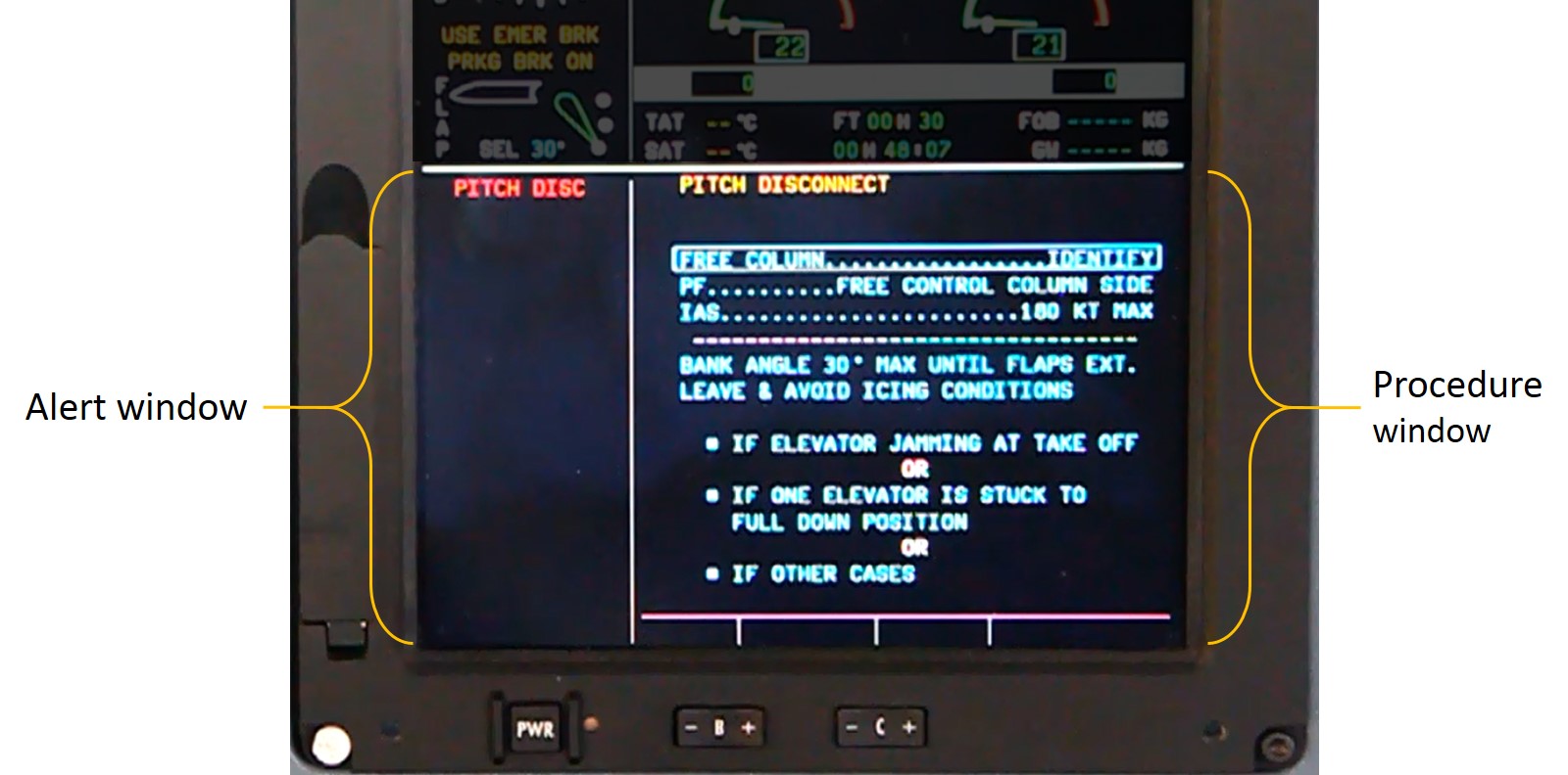 Figure 24: The bottom half of the engine and warning display is dedicated to the flight warning system. The alert window, on the left, lists all of the active alerts. The procedure window on the right automatically presents any procedures associated with the active alert. The pitch disconnect warning is provided as an example.