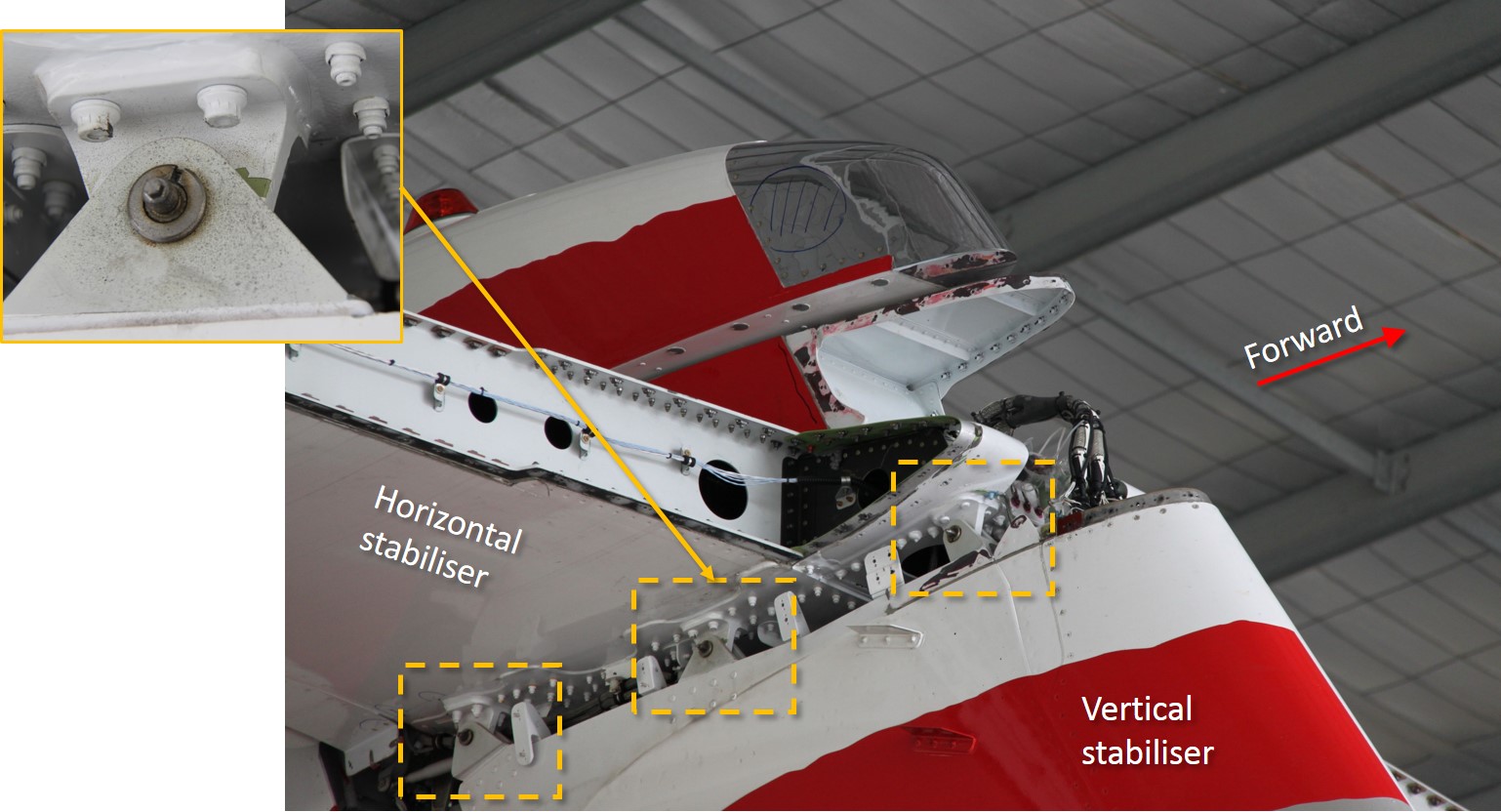 Figure&nbsp;28: Attachment of the horizontal stabiliser to the vertical stabiliser. Three of the six attachment lugs highlighted within dashed orange boxes. Three similar lugs are on the left side of the attachment.