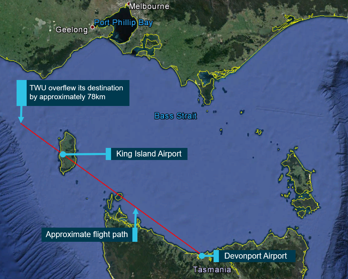 Figure 1: Overview of flight path for VH-TWU and distance past destination of King Island