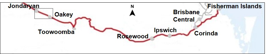 Figure 1: Jondaryan Coal Siding to Fisherman Islands rail route. The image shows the projected journey of train 9869 from Jondaryan Coal Siding to Fisherman Islands.<br />
Source: Queensland Rail (QR)