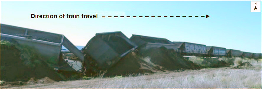 Figure 3: Derailed coal wagons of train 9869. The image shows derailed coal wagons of train 9869 – all wagons in the scene were in a derailed state.<br />
Source: ATSB