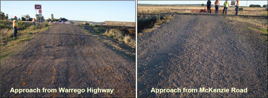 Figure 6: The condition of the gravel-based road surface at the crossing on 22 July 2017. The images show the deteriorated state of the road surface and evidence of wheel furrow marks cut into the road surface.<br />
Source ATSB