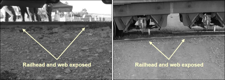 Figure 7: The exposed railhead and rail web at level crossing ID 2309. The images show the deteriorated condition of the crossing surface with the railhead and some of the rail web exposed. The image on the left is the approach from the Warrego Highway and the image on the right is the approach from McKenzie Road.<br />
Source: ATSB