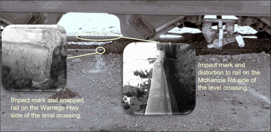 Figure 8: Damage to the rails at level crossing ID 2309. The image shows corresponding impact marks in the head of each rail, which distorted the gauge and compromised the track integrity. Source: ATSB