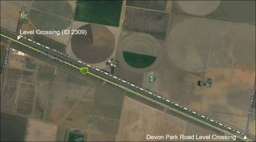 Figure 9: The preferred route after delivering heavy machinery to the worksite. The image shows the route normally taken by the driver of the heavy road vehicle after delivering earthmoving machinery for planned maintenance work during 2017.<br />
Source: Google Earth, annotated by the ATSB