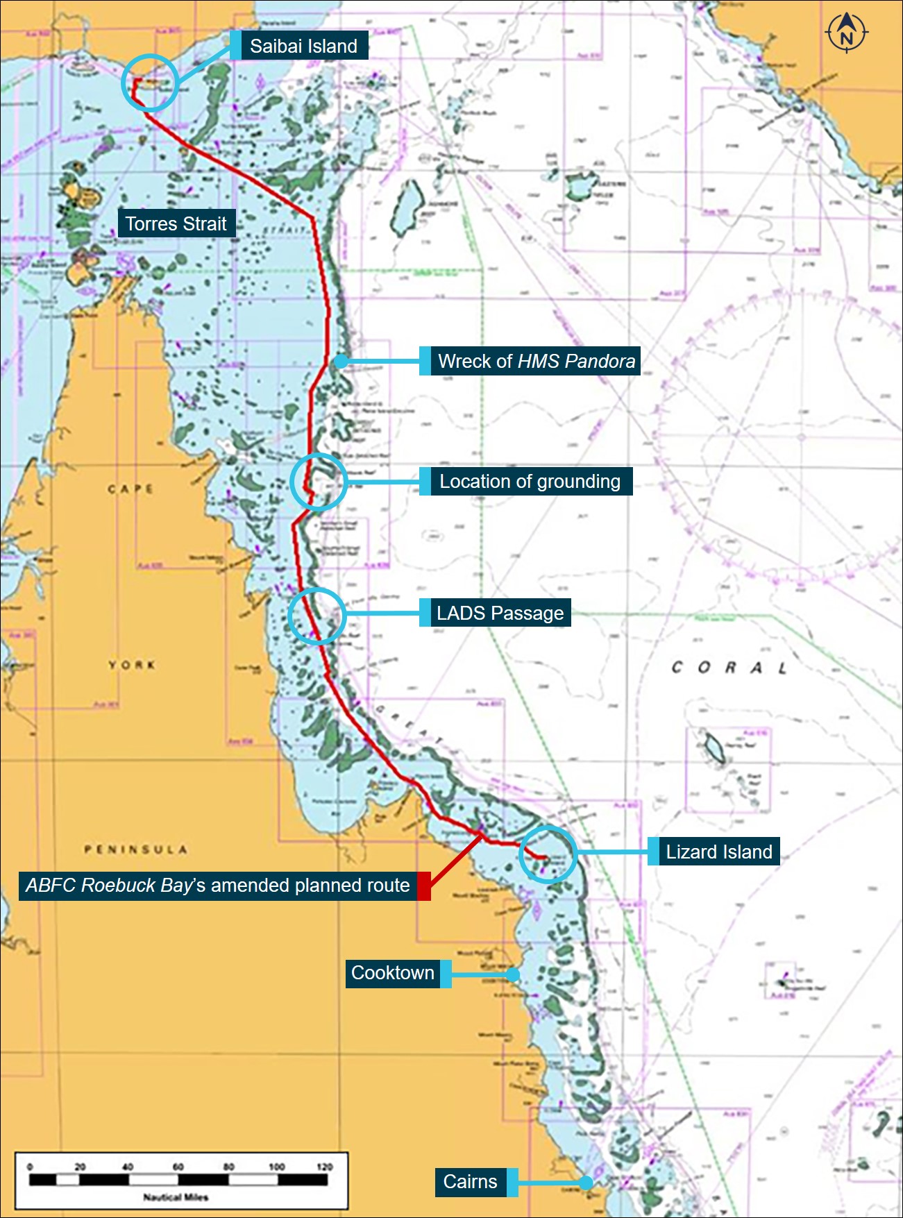 Figure 3: Section of navigational chart Aus 4620 showing ABFC Roebuck Bay's planned route and key locations. Source: Australian Hydrographic Office, annotated by the ATSB
