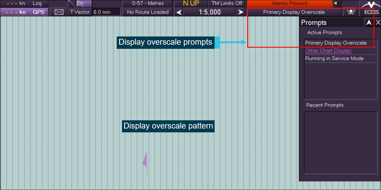 Figure 13: Image of a VisionMaster FT ECDIS display overscale prompt and pattern. Image shows the overscale display prompt and overscale pattern demonstrated on a different ENC of the same navigational purpose code and compilation scale as ENC AU413143.Source: Northrop Grumman Sperry Marine, modified and annotated by the ATSB