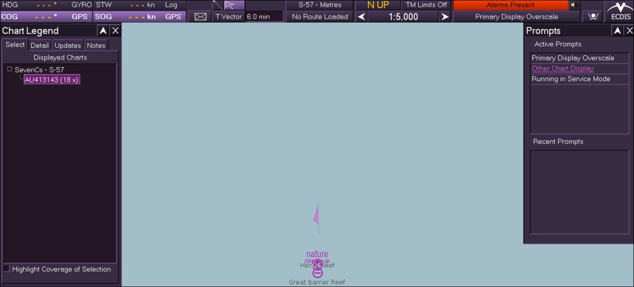 Figure 14: Image of ENC AU413143 showing no overscale pattern. Image of a VisionMaster FT ECDIS display showing ENC AU413143 at a scale of 1:5,000 and displaying no overscale pattern.Source: Northrop Grumman Sperry Marine, modified by the ATSB