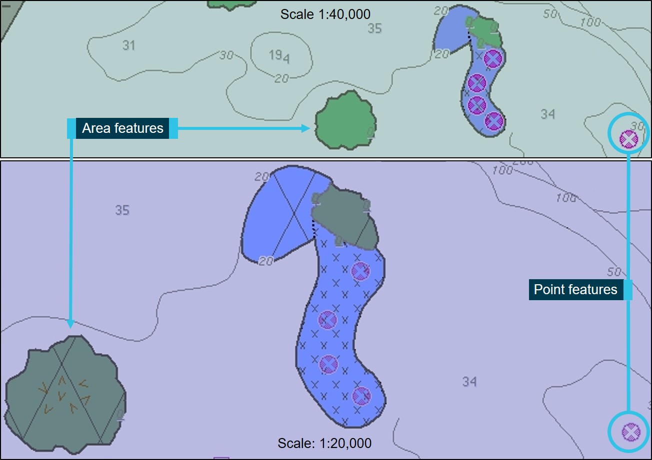 Figure 15: Comparison of area features and point features at different scales. The images demonstrate a key difference between area features, which change size proportionate to the scale at which the ENC is being viewed, and point features, which remain the same size regardless of scale. The top picture is at scale of 1:40,000 and lower picture is at 1:20,000.
Source: Electrotech, modified by the ATSB