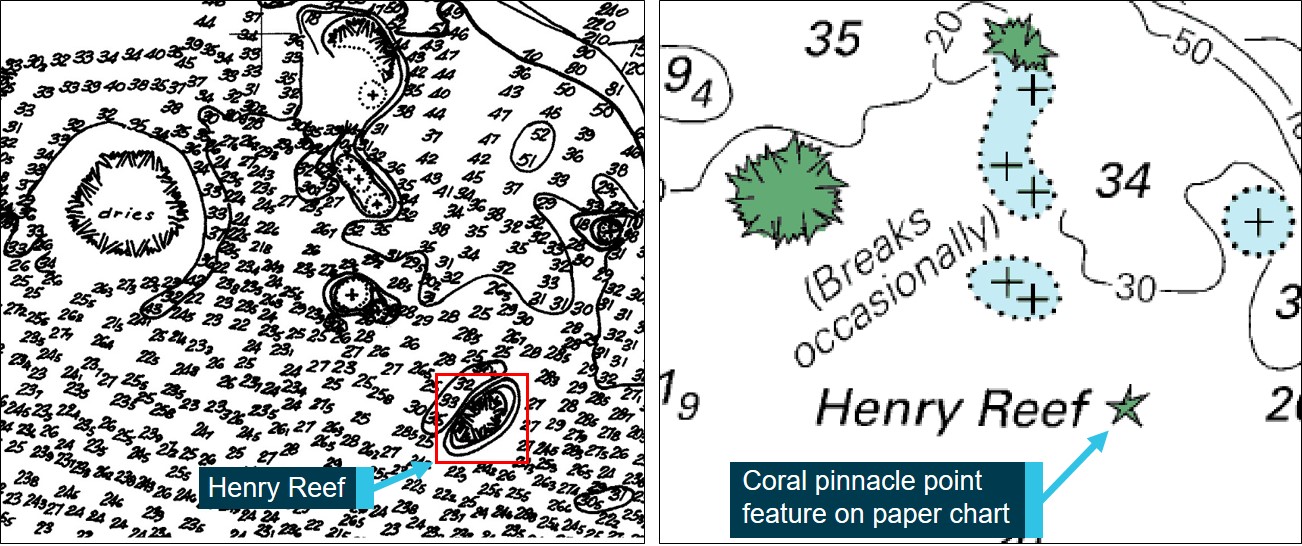 Figure 18: Survey data (left) and section of paper chart Aus 836 (right). Image shows Henry Reef as surveyed (left) and Henry Reef represented by the ‘coral pinnacle’ symbol (right) on the paper navigational chart Aus 836.Source: Australian Hydrographic Office, annotated by the ATSB