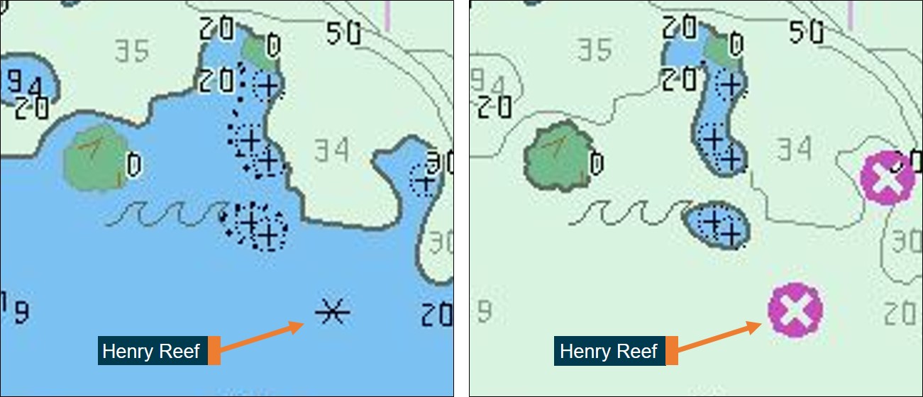 Figure 19: Henry Reef on ENC AU413143, displaying conditional symbology. Image on left shows Henry Reef displayed as a ‘rock awash’ symbol when lying within the user-defined safety contour. The image on the right shows Henry Reef displaying as an ‘isolated danger symbol’ when lying outside the user-defined safety contour.
Source: Australian Hydrographic Office, annotated by the ATSB
