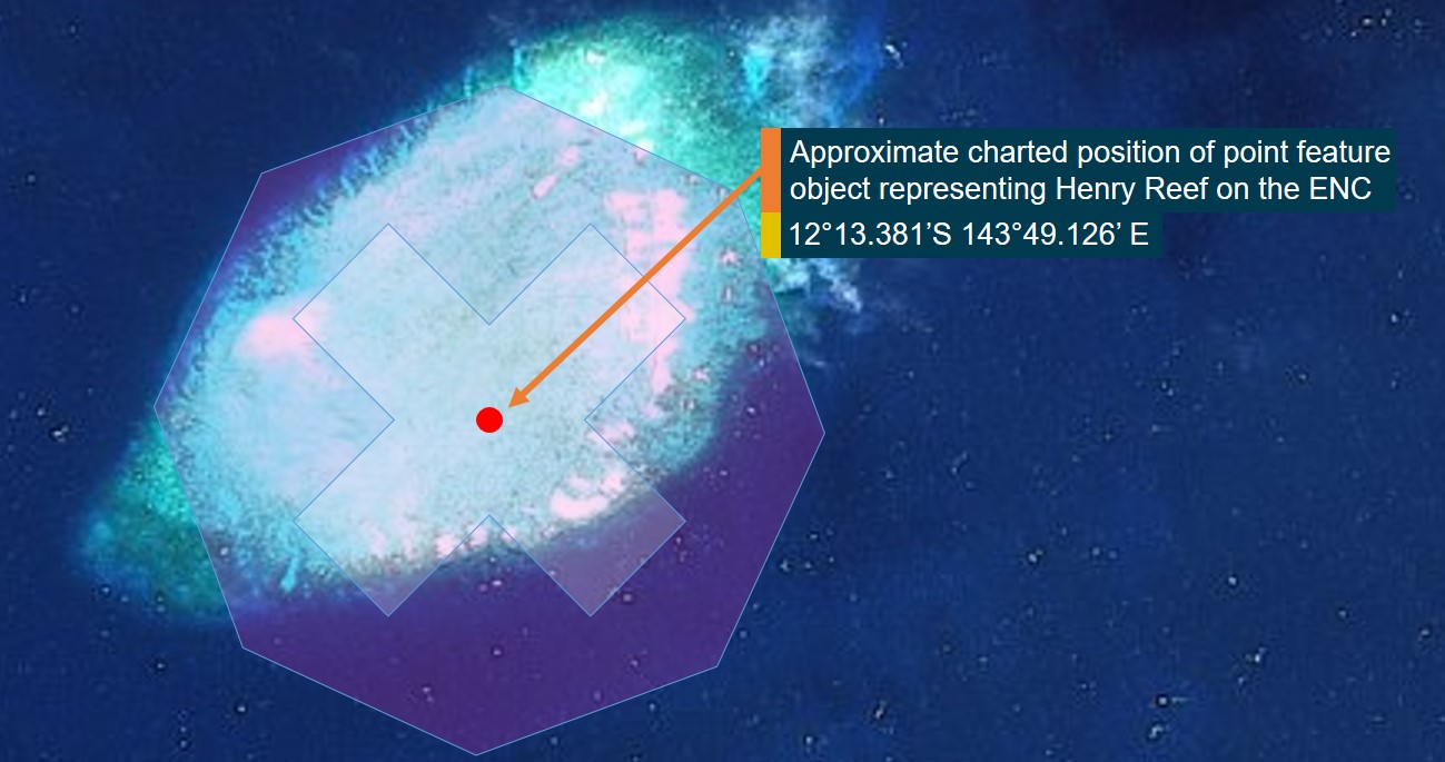 Figure 21: Charted position of Henry Reef point feature object on ENC. Image showing the charted 'point' position of Henry Reef as encoded in the ENC in relation to the actual reef. Note that the relative size of the isolated danger symbol to the reef is approximate only and that on the ECDIS display, the isolated danger symbol always displays at its standard size of about 7 mm regardless of scale.Source: DigitalGlobe, Esri, modified and annotated by the ATSB