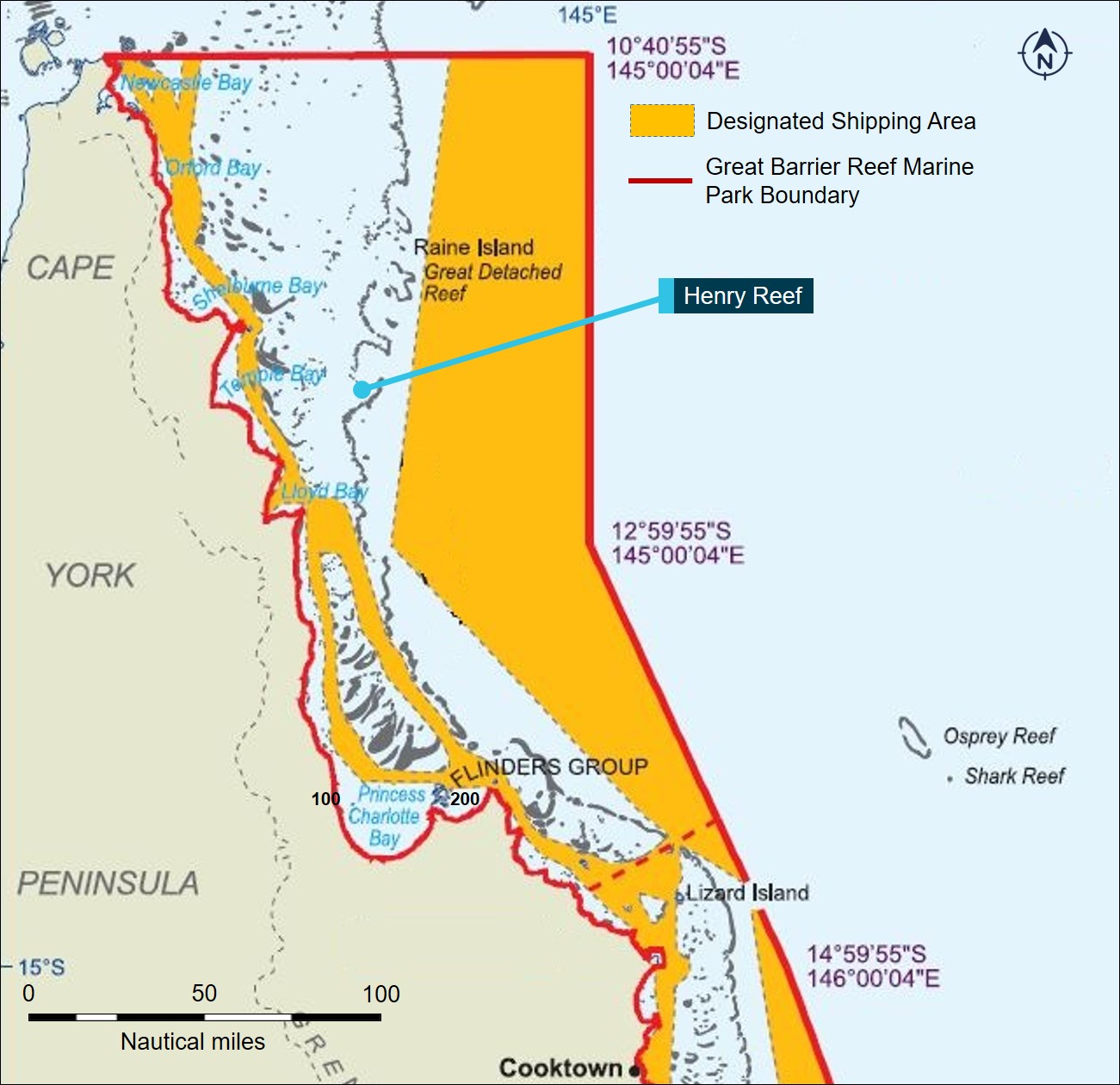 Figure 22: Chartlet showing designated shipping area in relation to Henry Reef. Source: Great Barrier Reef Marine Park Authority, modified and annotated by the ATSB