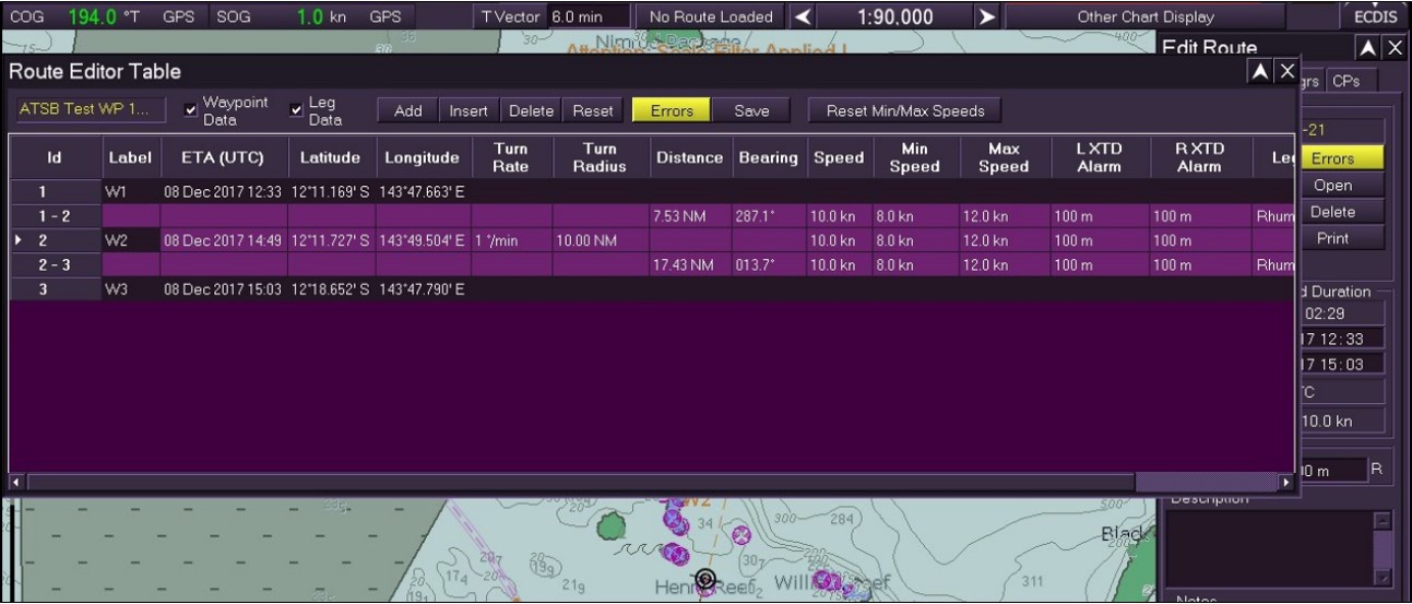 Figure 24: VisionMaster FT ECDIS route validation check displaying 'Errors'. Image shows a VisionMaster FT ECDIS displaying the ‘Errors’ highlighted in yellow due to an incorrect turn radius entered by ATSB investigators during testing. Source: Electrotech and ATSB