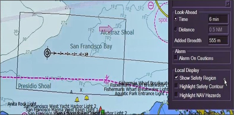 Figure 25: ECDIS look-ahead safety checking function. Image shows the key settings of the look-ahead safety checking function on a VisionMaster FT ECDIS. The rectangle represents the safety region ‘box’.Source: Safebridge