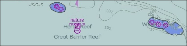 Figure 26: Image of ENC AU413143 displaying text and symbol overlap. Image shows ENC AU413143 centred on Henry Reef, at a scale of 1:40,000 on a VisionMaster FT ECDIS, demonstrating text and symbol overlap. Note that all text is on display as required by the Annex A - ECDIS start-up checklist.Source: Electrotech and ATSB