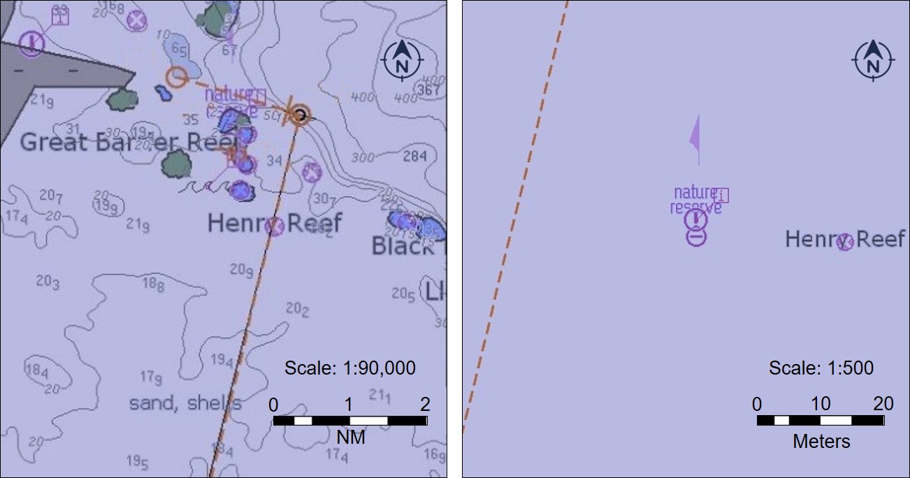 Figure 27: ABFC Roebuck Bay's planned route on the ECDIS showing the relative position of the isolated danger symbol representing Henry Reef at different scales. Image shows ABFC Roebuck Bay’s amended route legs on the ECDIS at the compilation scale of 1:90,000 (left) and at the largest viewable scale, 1:500 (right). 
Source: Electrotech and ATSB
