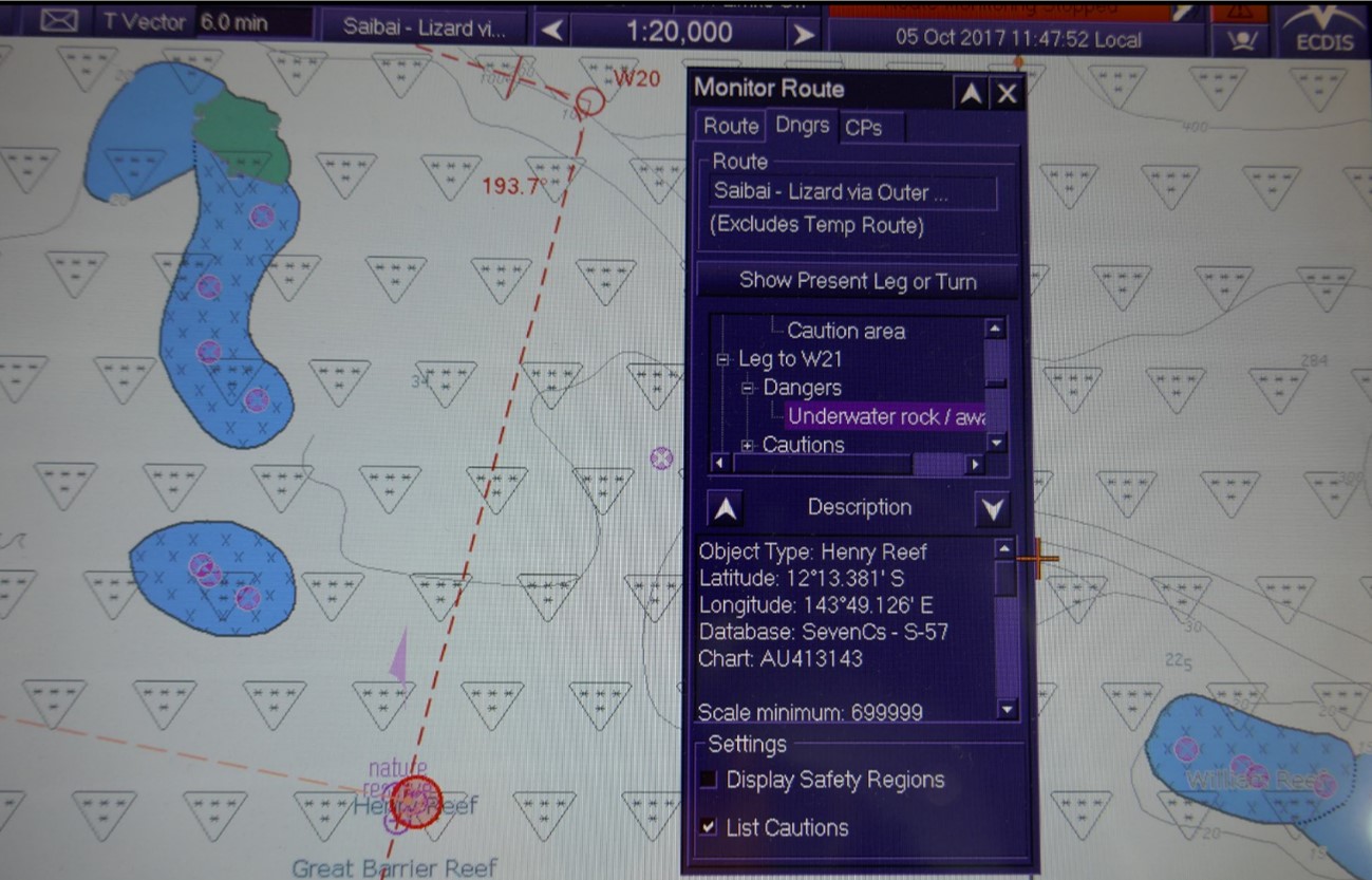 Figure 28: Image of ABFC Roebuck Bay's ECDIS showing the ‘Monitor Route’ window. Image of ABFC Roebuck Bay’s ECDIS showing an identified danger (Henry Reef) on the leg to W21 in the dangers tab folder of the ‘Monitor Route’ window. Selecting the danger highlights the reef graphically on the ECDIS display and provides available information on Henry Reef.
Source: ATSB