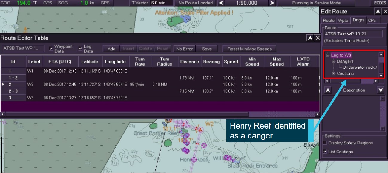 Figure 29: Danger identified on the amended route leg in the 'Edit Route' menu during testing. Image shows a danger (Henry Reef) identified by the ECDIS route dangers safety checking function on the amended route leg during ATSB testing. Note that the danger is not automatically highlighted on the chart and that the route validation function does not show any errors.
Source: Electrotech and ATSB