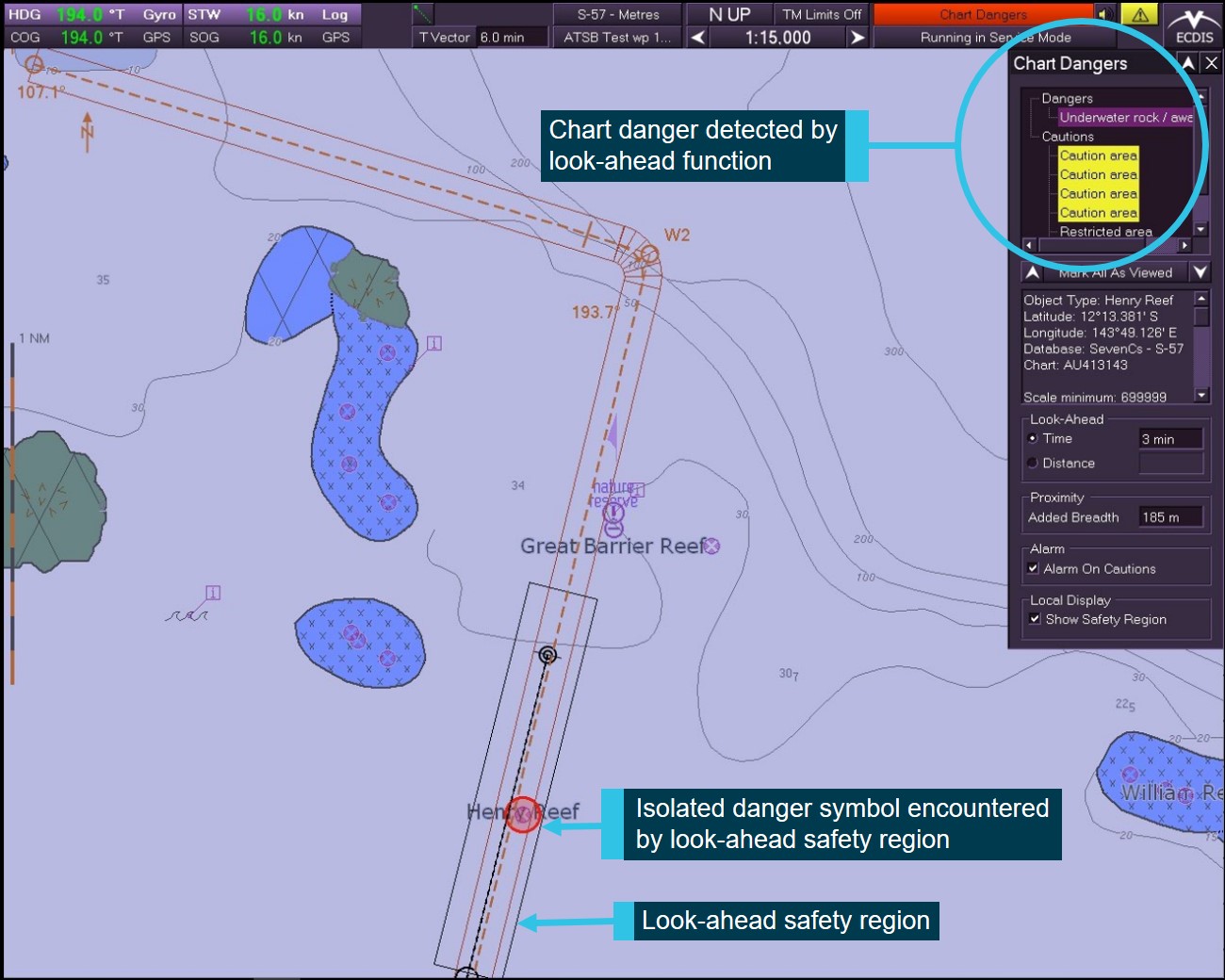 Figure 31: Image showing Henry Reef, detected by the look-ahead function during testing, based on the ‘restricted waters’ setting. Image from ATSB testing showing Henry Reef being detected by the ECDIS’s look-ahead function when set up with a 0.1 NM (185 m) added breadth based on settings in the Annex C – Restricted waters category checklist of the ABF work instructions. Selecting the danger highlights the reef graphically on the ECDIS display and provides available information on Henry Reef.
Source: Electrotech and ATSB