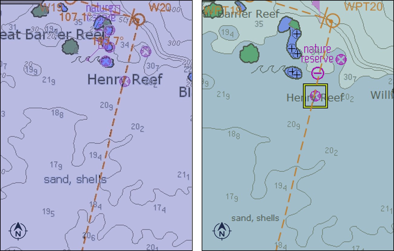 Figure 33: Images of ECDIS operating on PresLib 3.4 (left) and ECDIS updated to PresLib&nbsp;4.0 showing indication highlight feature demonstrated on the amended route plan (right). Image shows the amended route plan as it probably appeared on board ABFC Roebuck Bay (left) and as it might have appeared had the ECDIS been updated to PresLib 4.0 (right).Source: Electrotech and Northrop Grumman Sperry Marine, modified by the ATSB