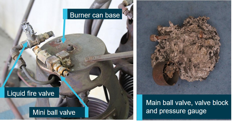 Figure 4: Underside of burner and main ball valve – fire location. Source: ATSB
