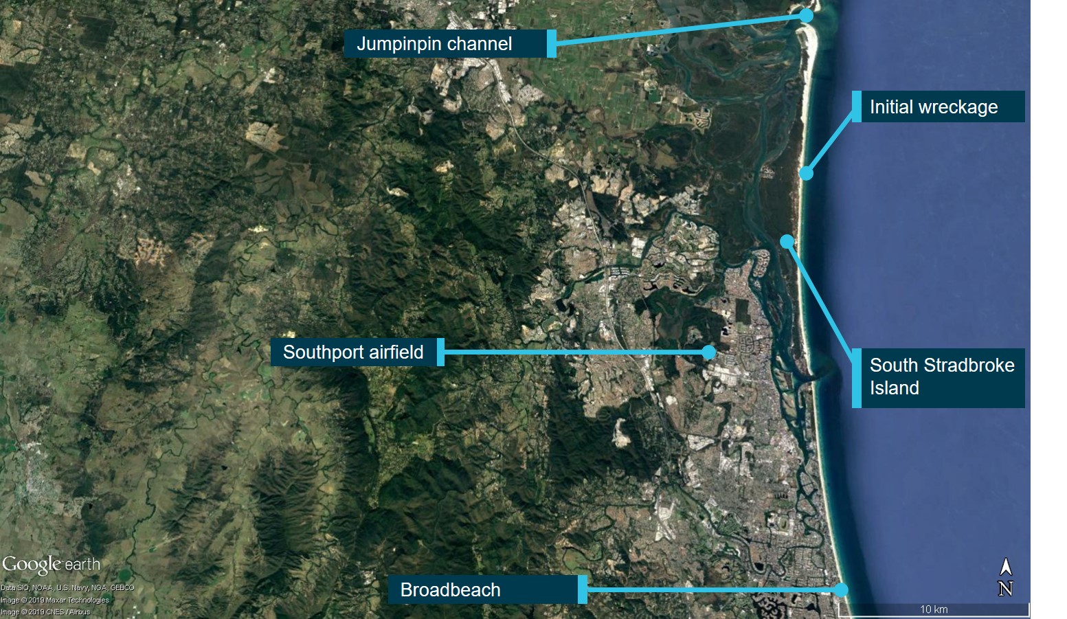 Figure 1: Map highlighting locations of interest for the proposed flight of VH-PAE. Source: Google earth, annotated by the ATSB