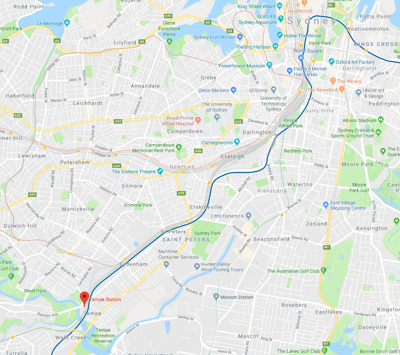 Figure 2: Location of Tempe Station, NSW. Source: Google Maps