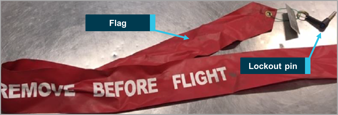 Figure 1: Thrust reverser lockout pin and warning flag (non-reflective)