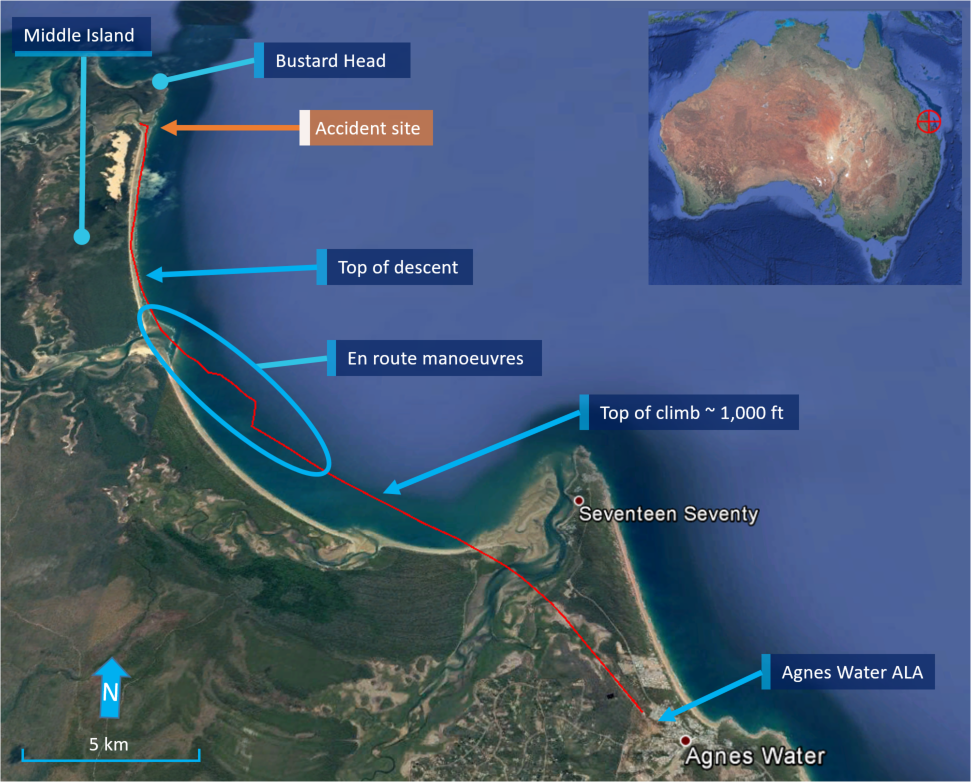 Figure 1: VH-WTQ’s flight path between Agnes Water ALA and the accident location on Middle Island.<br />
Source: Google earth, modified by the ATSB.
