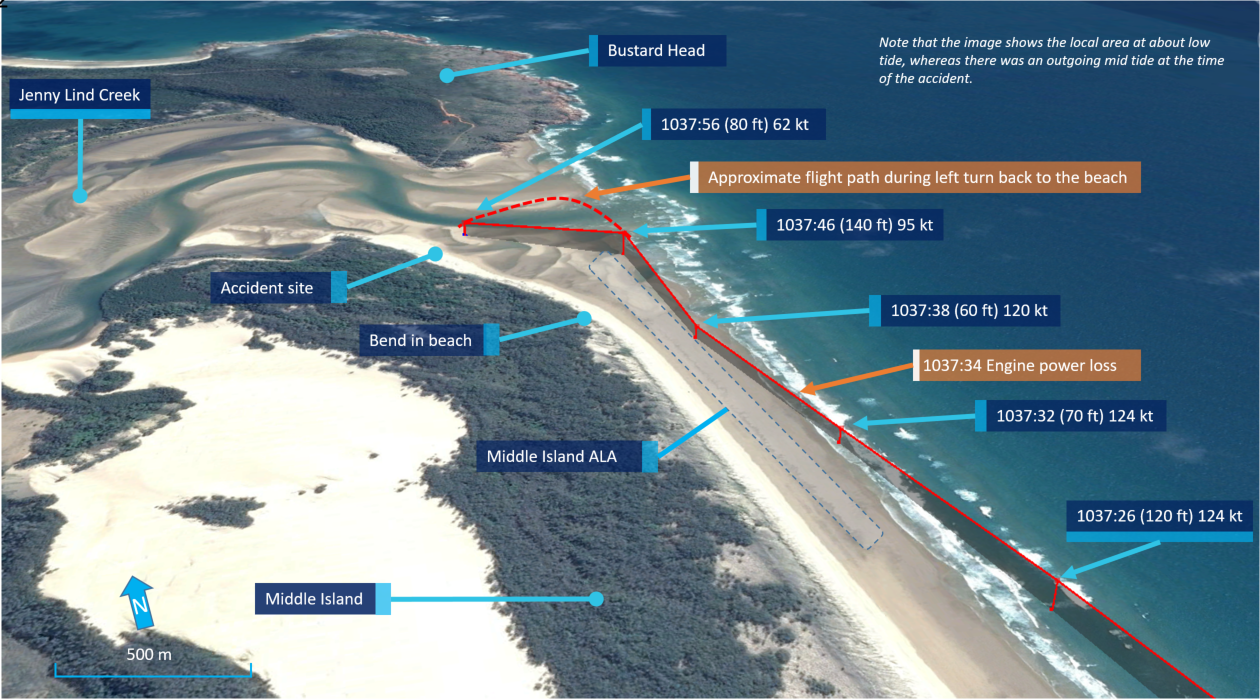 Figure 2: VH-WTQ’s flight path just prior to the accident. Source: Google earth, modified by the ATSB.