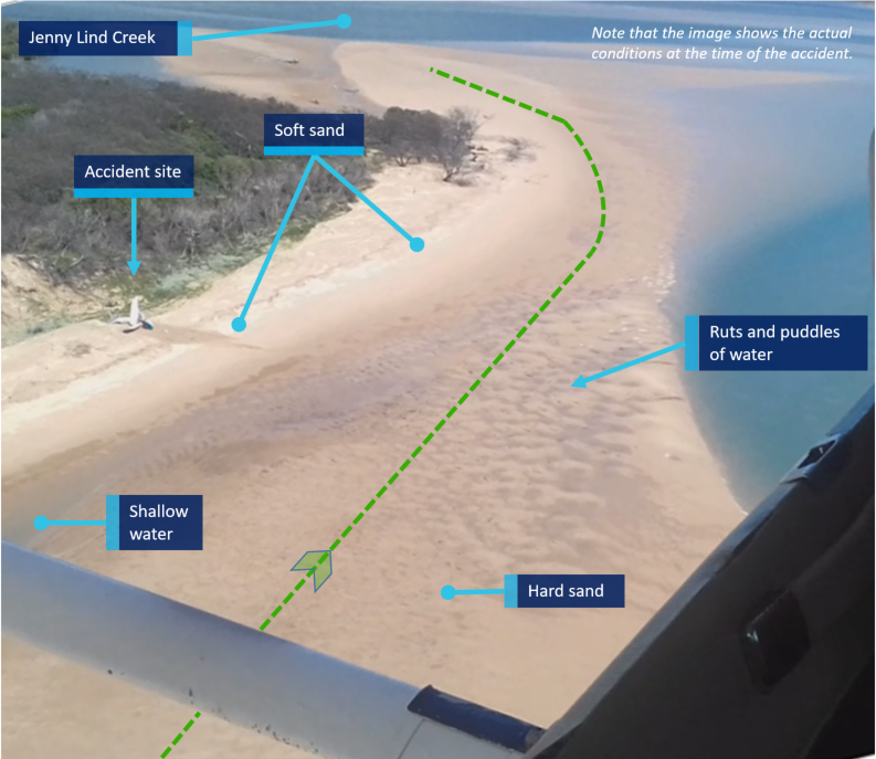 Figure 19: Image taken from VH-JER soon after the accident showing area of beach to the north of the landing area. Source: Queensland Police Service.