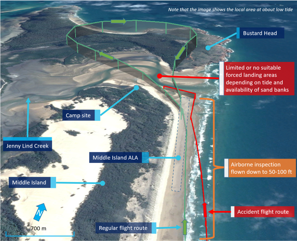 Figure 21: VH-WTQ GPS-derived regular flight path for an airborne inspection on the southerly beach landing area (green line). Source: Google earth, modified by the ATSB.