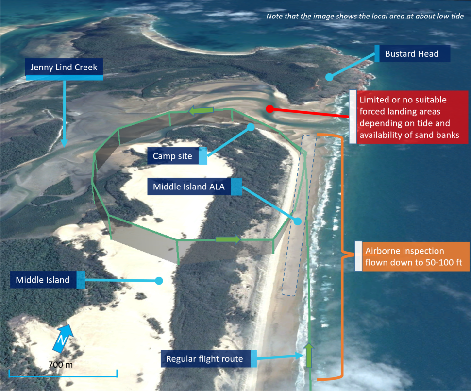 Figure 22: VH-WTQ GPS-derived regular flight path for an airborne inspection on the northerly beach landing area (green line). Source: Google earth, modified by the ATSB.