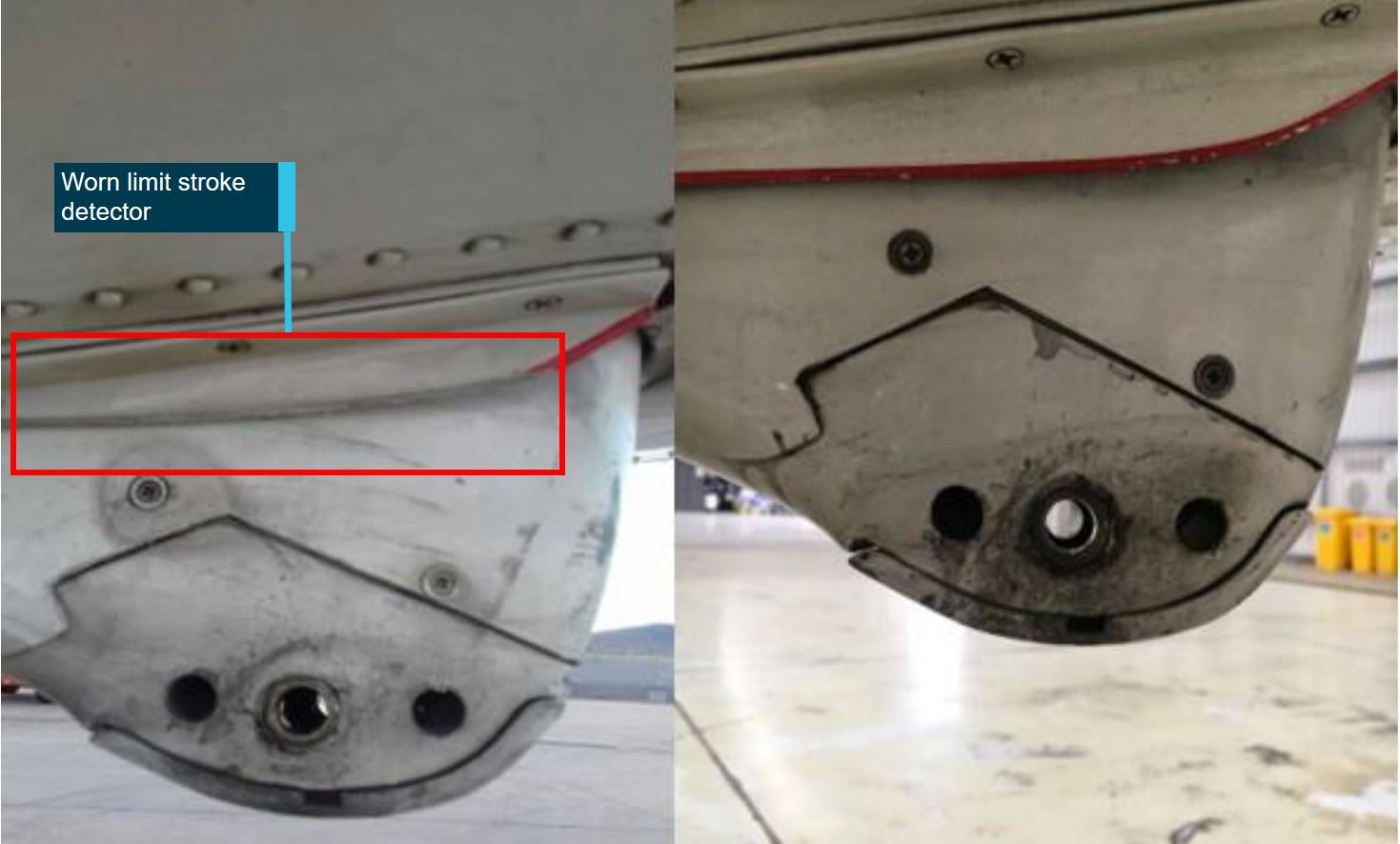 Figure 7: Figure showing the limit stroke detector from FVZ (left) and an undamaged stroke indicator (right). Source: Operator